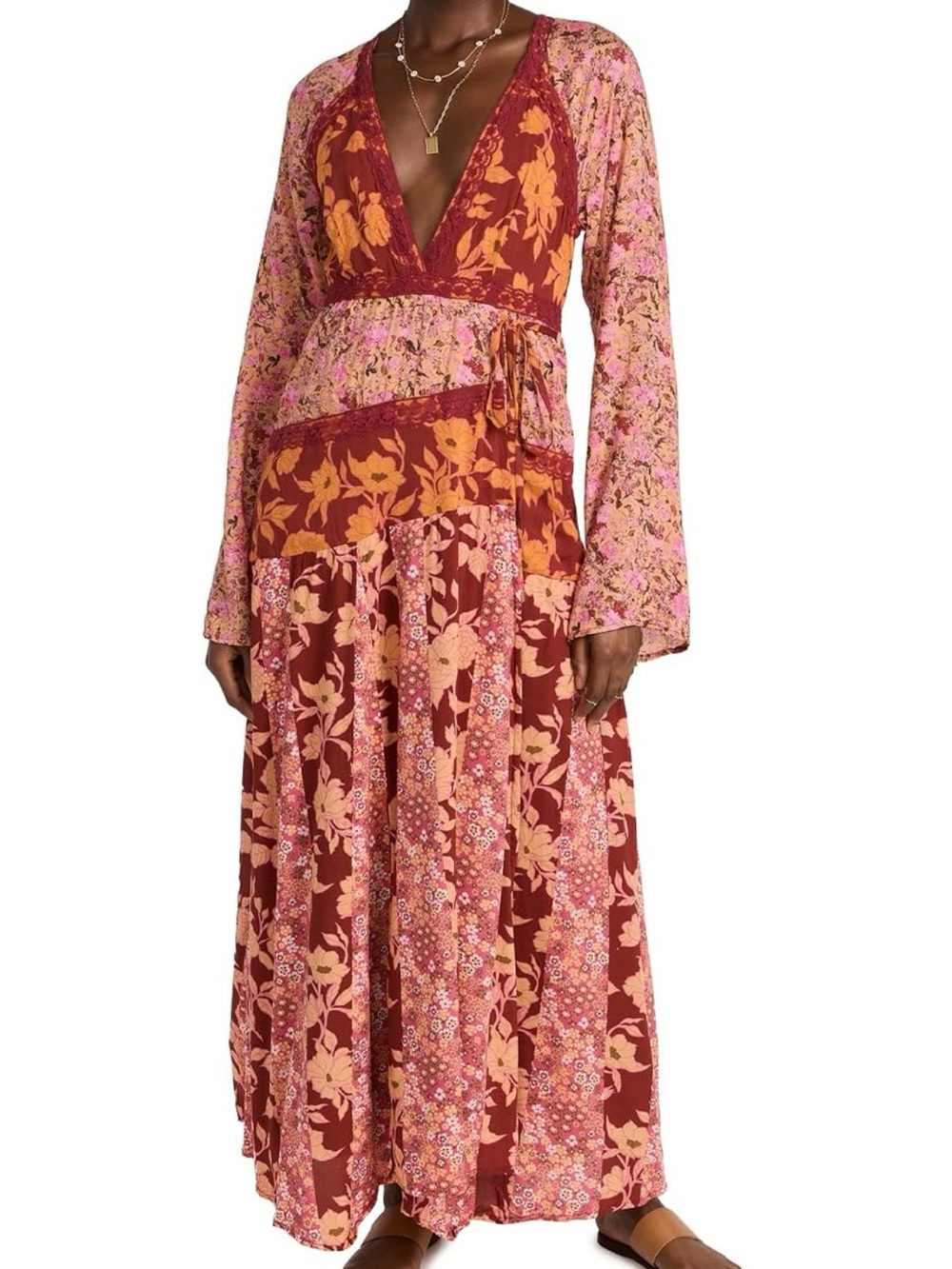 Free People Burgundy and Pink Floral Patchwork Maxi Dress